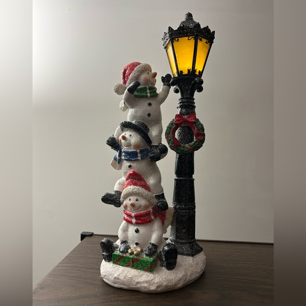 15" Snowman Stack Figurine w/ Illuminated LampPost by Valerie